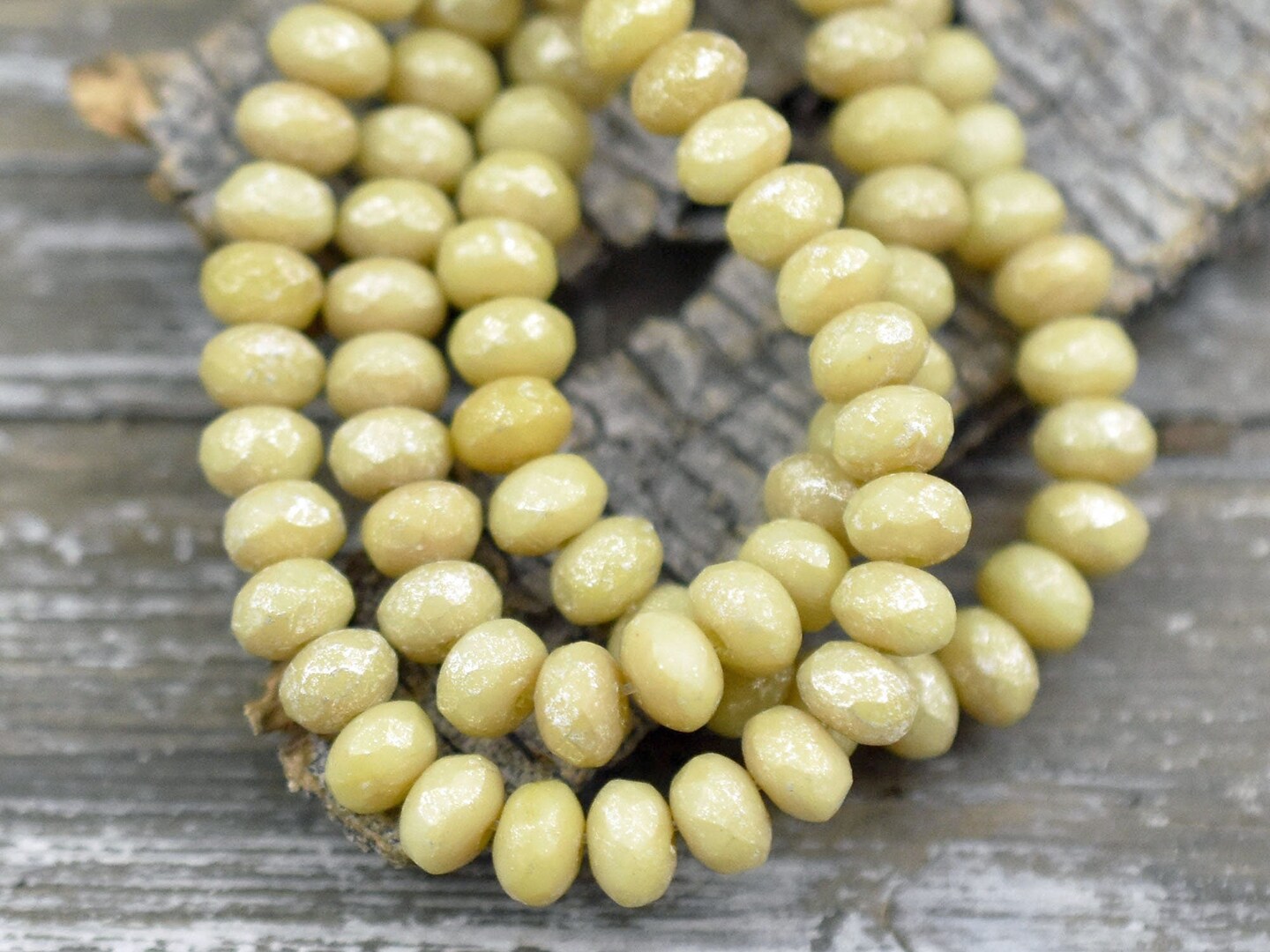 *30* 3x5mm Silver Mercury Washed Opaque Yellow Ivory Fire Polished Rondelle Beads