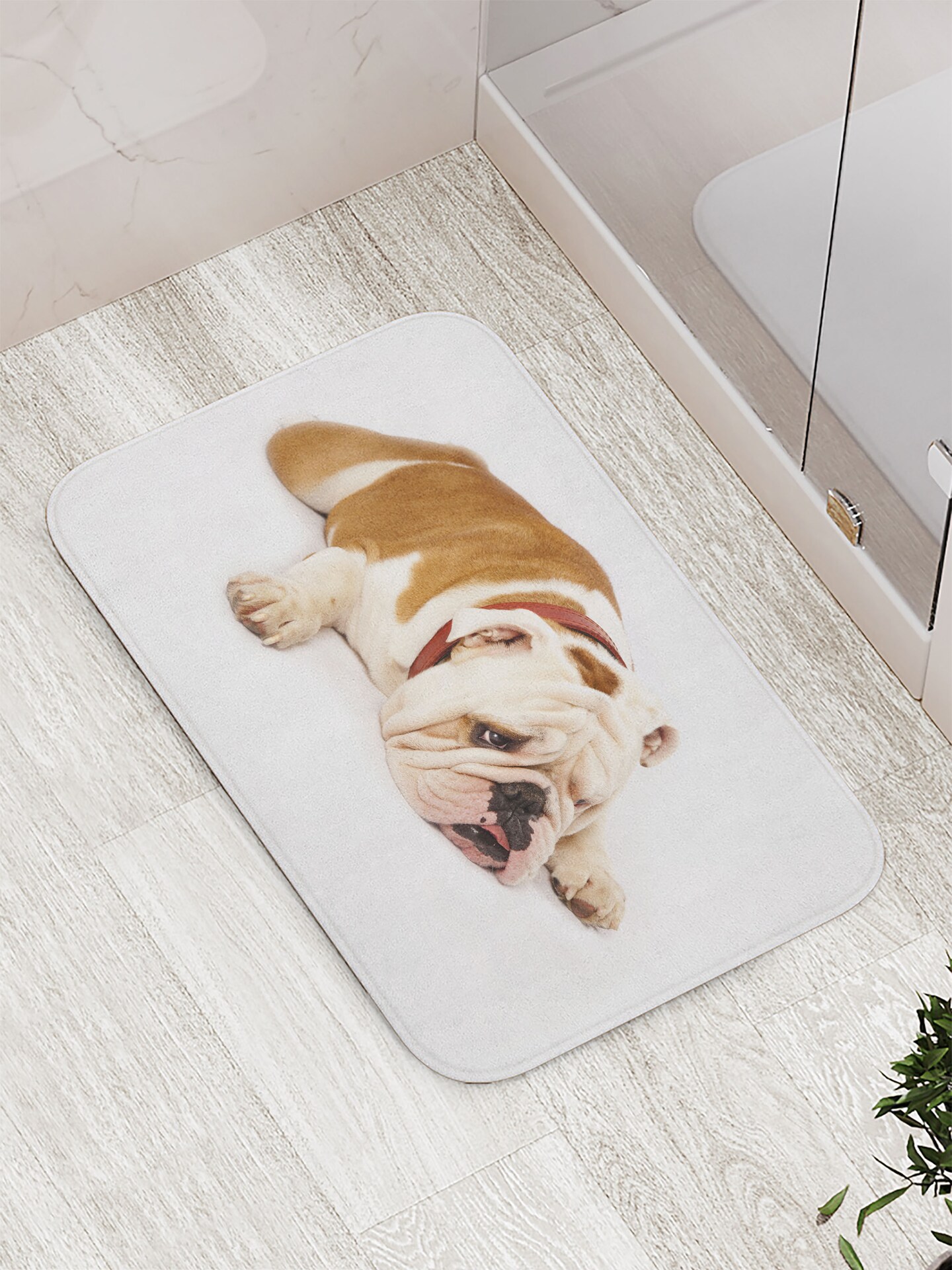 Ambesonne English Bulldog Bath Mat, Sad and Tired Bulldog Laying Down European Pure Breed Animal Photography, Plush Bathroom Decor Mat with Non Slip Backing, 29.5&#x22; X 17.5&#x22;, Brown Cream