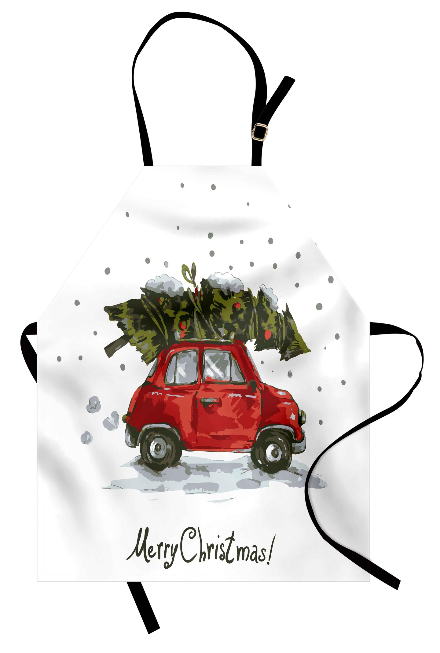 Ambesonne Christmas Apron, Retro Style Car Xmas Tree Vintage Family Style Illustration Snowy Winter Art, Unisex Kitchen Bib with Adjustable Neck for Cooking Gardening, Adult Size, Green Vermilion
