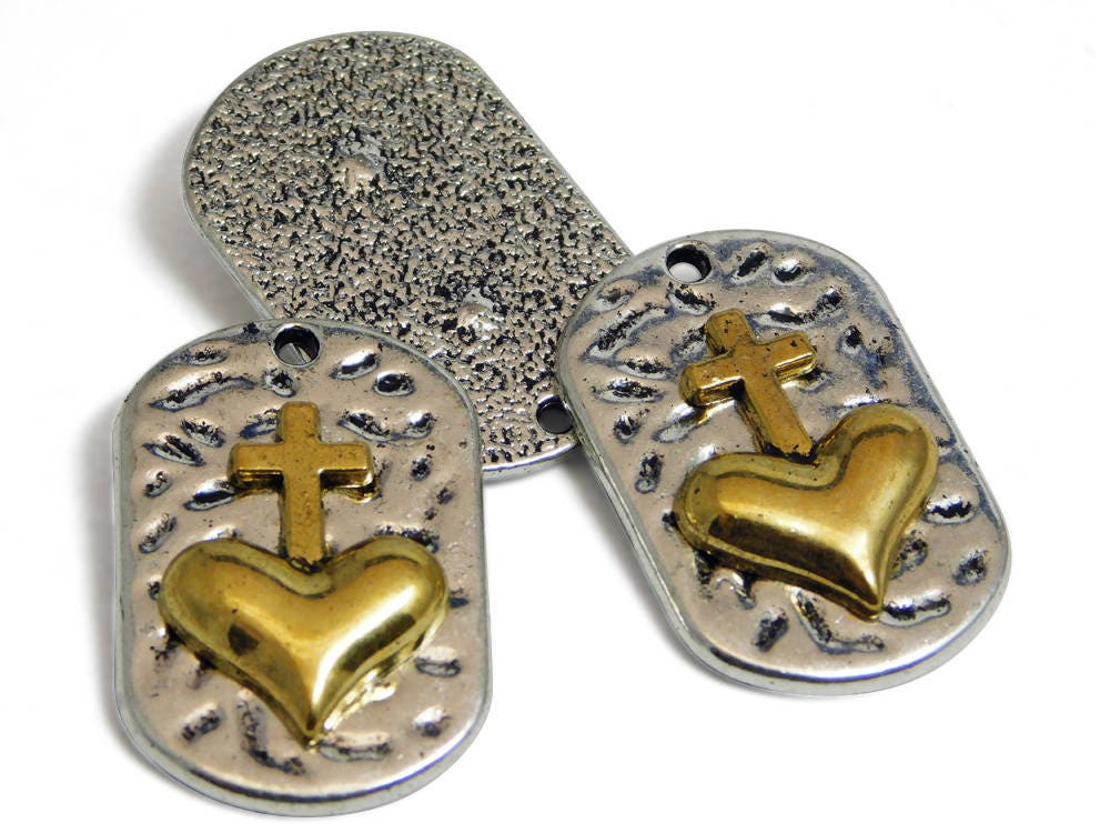 *2* 30x20mm Antique Silver w/ Gold Hammered Heart &#x26; Cross Dog Tag Charm Pendants