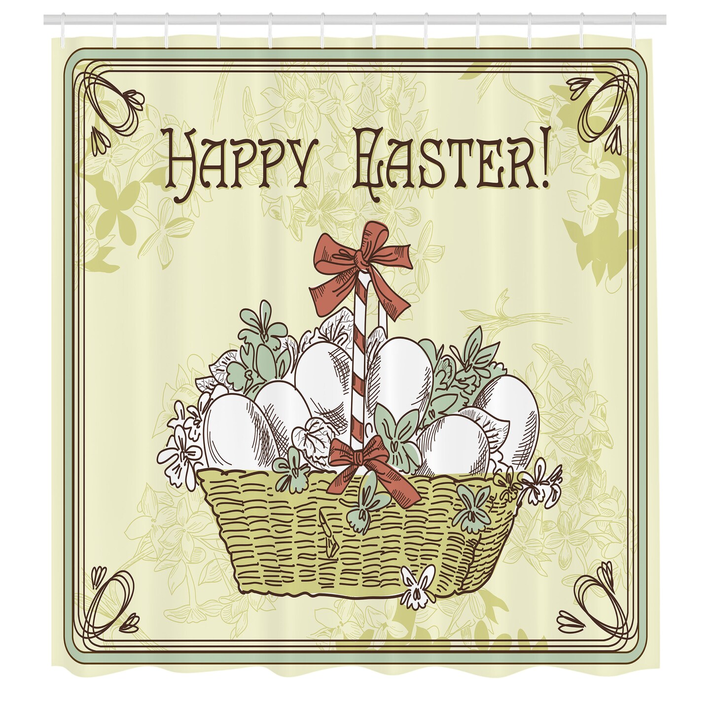 Ambesonne Easter Shower Curtain, Happy Easter Calligraphy with Ribbon Basket of Eggs Vintage Style Drawn Print, Cloth Fabric Bathroom Decor Set with Hooks, 69" W x 70" L, Green and Khaki