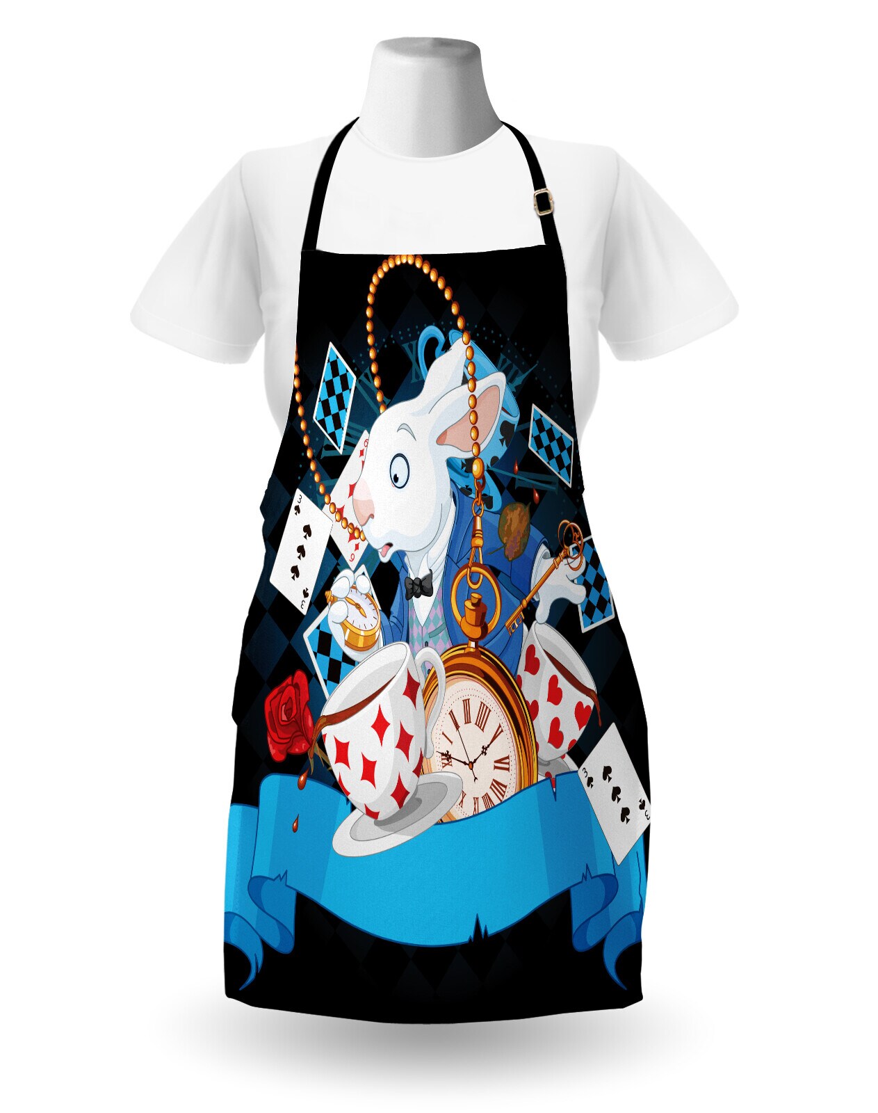 Ambesonne Alice in Wonderland Apron, Rabbit Motion Cups Hearts and Flower Character Alice Cartoon Style, Unisex Kitchen Bib with Adjustable Neck for Cooking Gardening, Adult Size, Multicolor