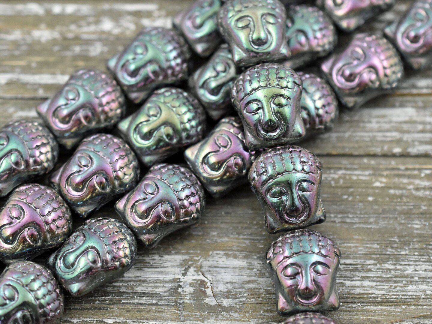 4 15x14mm Jet Green Iris Buddha Head Beads