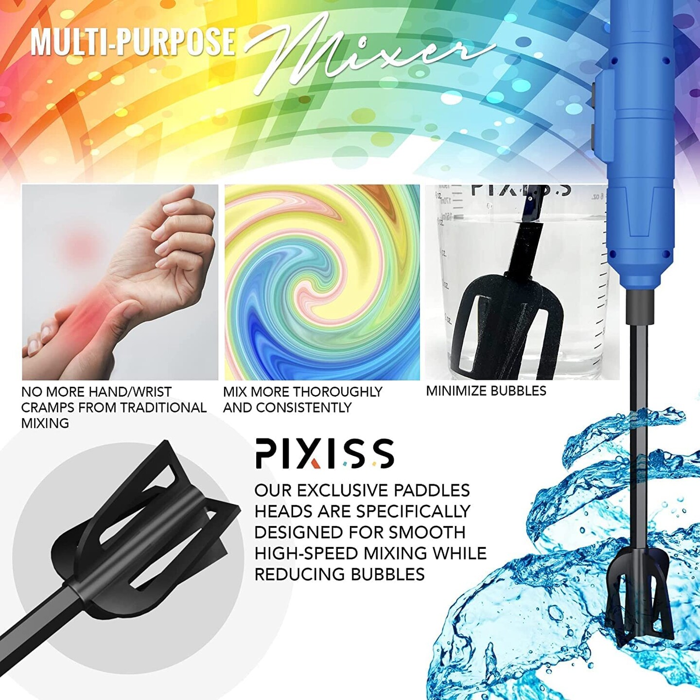 Pixiss Premium Resin Mixer, Handheld Rechargeable Epoxy Mixer 6 Paddles Included