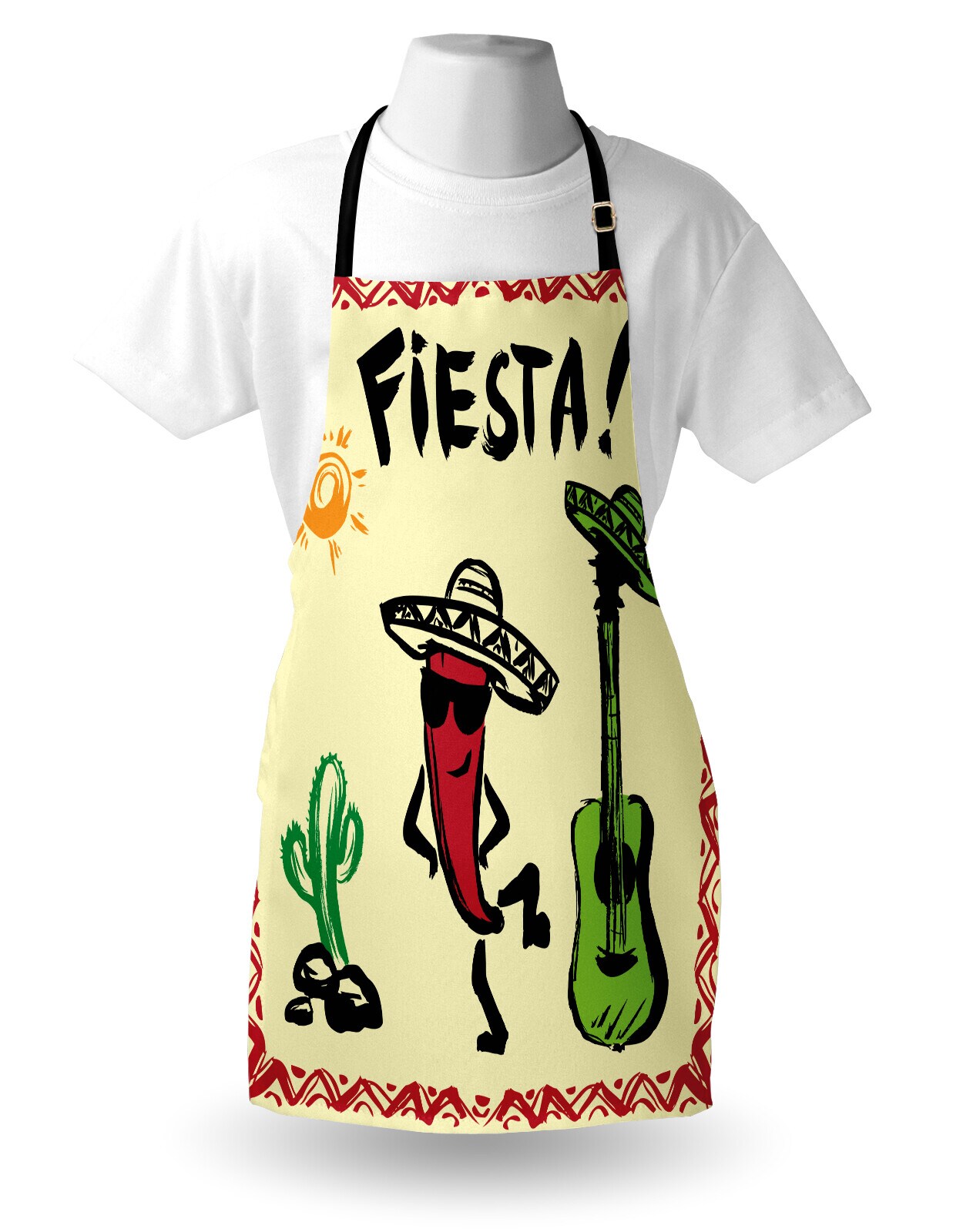 Ambesonne Fiesta Apron, Mexican Party with Maracas Dancing Red Pepper Wearing a Sombrero and Guitar, Unisex Kitchen Bib with Adjustable Neck for Cooking Gardening, Adult Size, Multicolor