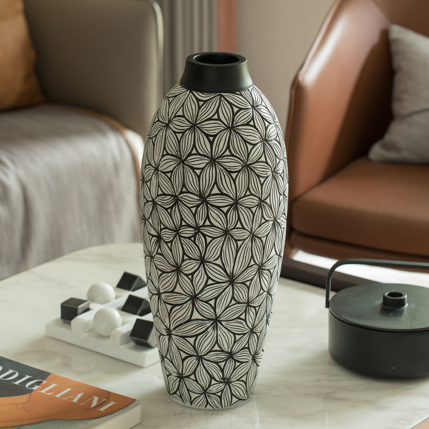 Timeless Flower-Inspired Ceramic Vase - Unique White 17-Inch-Tall Round Table Decor for Entryway, Dining Room, Living Room - Classic White Pottery - Elegant Home Accent with Chic Floral Touch