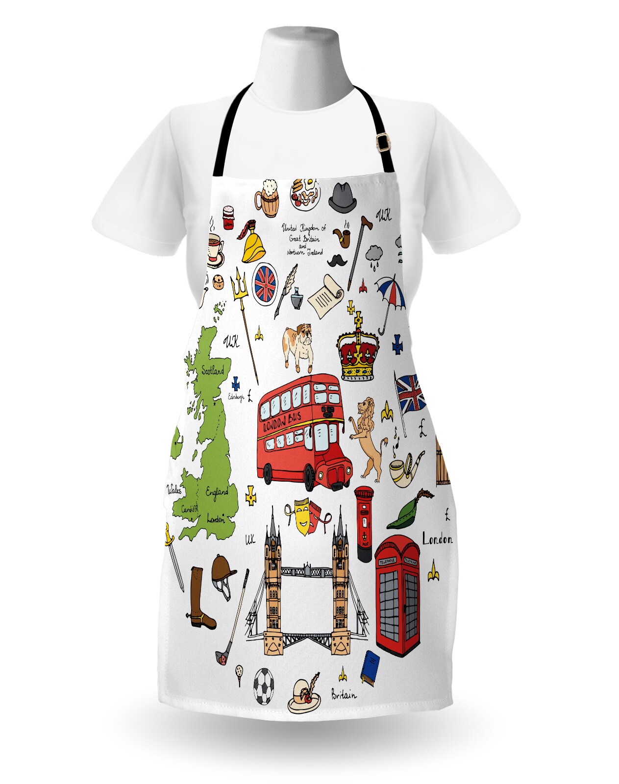 Ambesonne Travel Apron, Hand Drawn Famous Tourist Places Big Ben London UK British Monuments Illustration, Unisex Kitchen Bib with Adjustable Neck for Cooking Gardening, Adult Size, Multicolor