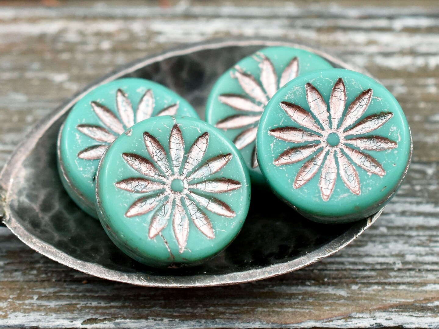 *6* 12mm Platinum Washed Opaque Turquoise Aster Flower Coin Beads