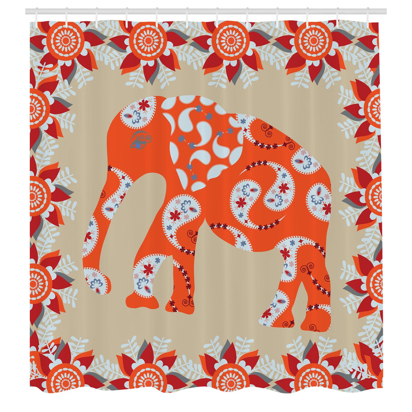 Ambesonne Animal Shower Curtain, Elephant in Paisley Style Floral Drawing Print Flowers of Spring Pattern, Cloth Fabric Bathroom Decor Set with Hooks, 69&#x22; W x 84&#x22; L, Orange White and Red