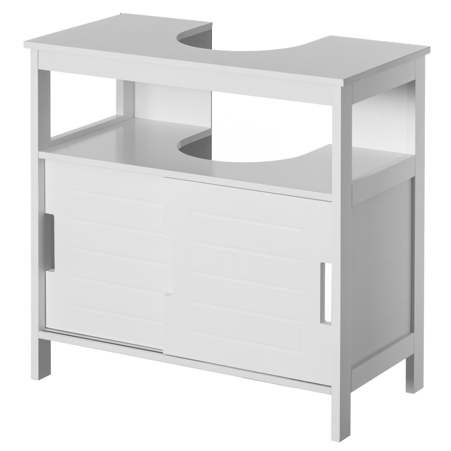 White Vanity Sink Base 2 Door Cabinet Storage U Shape Organizer, Rolling Doors, and Open Shelf