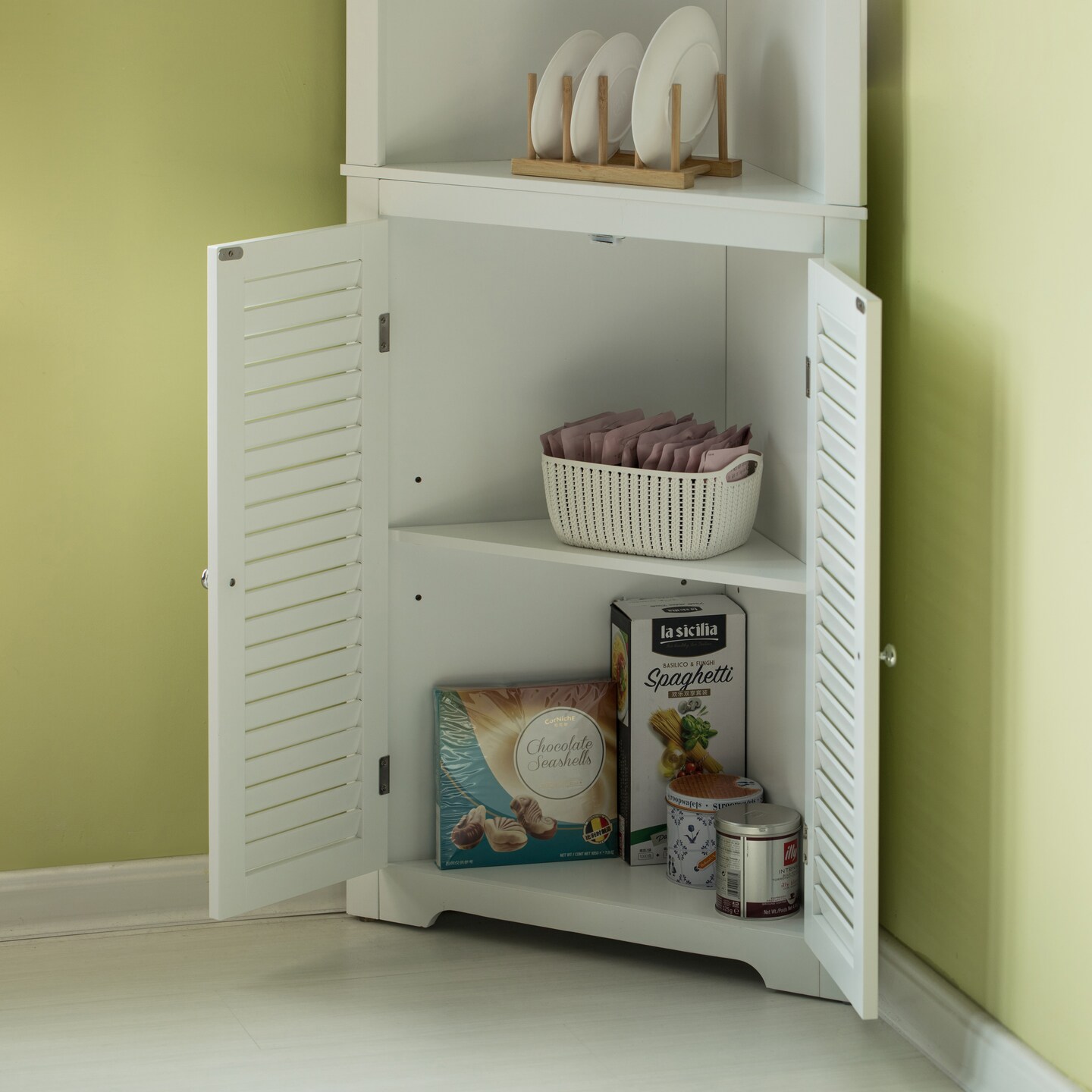 White Standing Storage Corner Cabinet Organizer with 3 Open Shelf and Double Shutter Doors