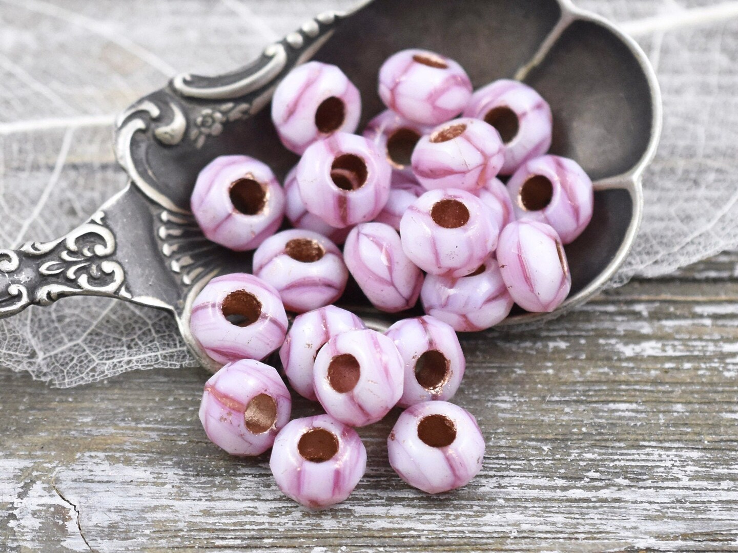 *10* 5x8mm Copper Lined Pink Striped Roller Rondelle Beads