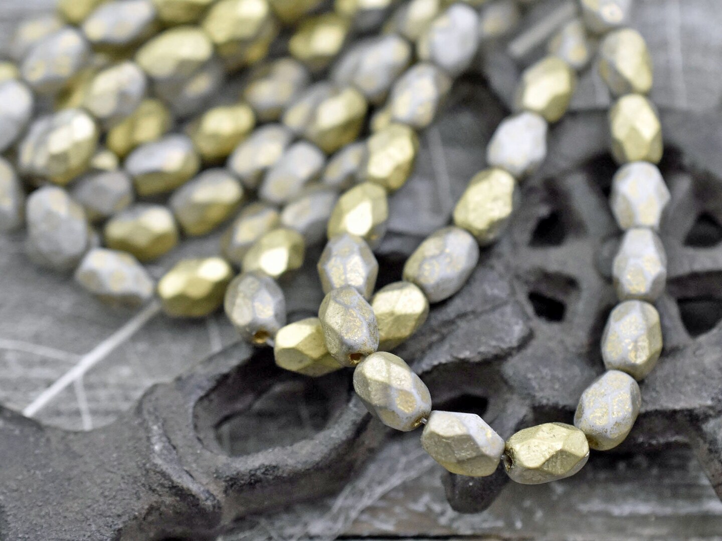 *20* 6x8mm Gold Washed Etched Ash Grey Faceted Oval Beads