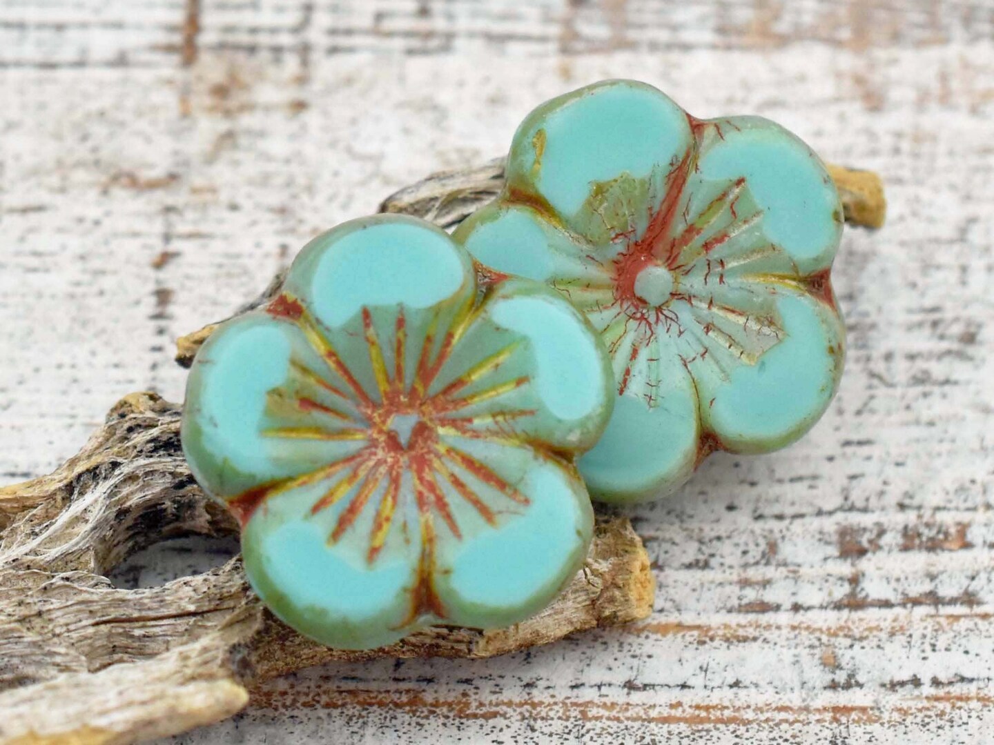 21mm Turquoise Picasso Hibiscus Flower Bead - 2 Beads