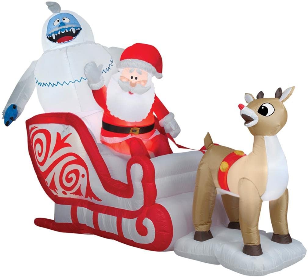 8' Gemmy Airblown Inflatable Rudolph Pulling Santa & Bumble In Sleigh 87541