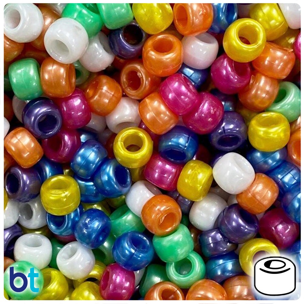 BeadTin Bright Mix Pearl 9mm Barrel Plastic Pony Beads (500pcs)