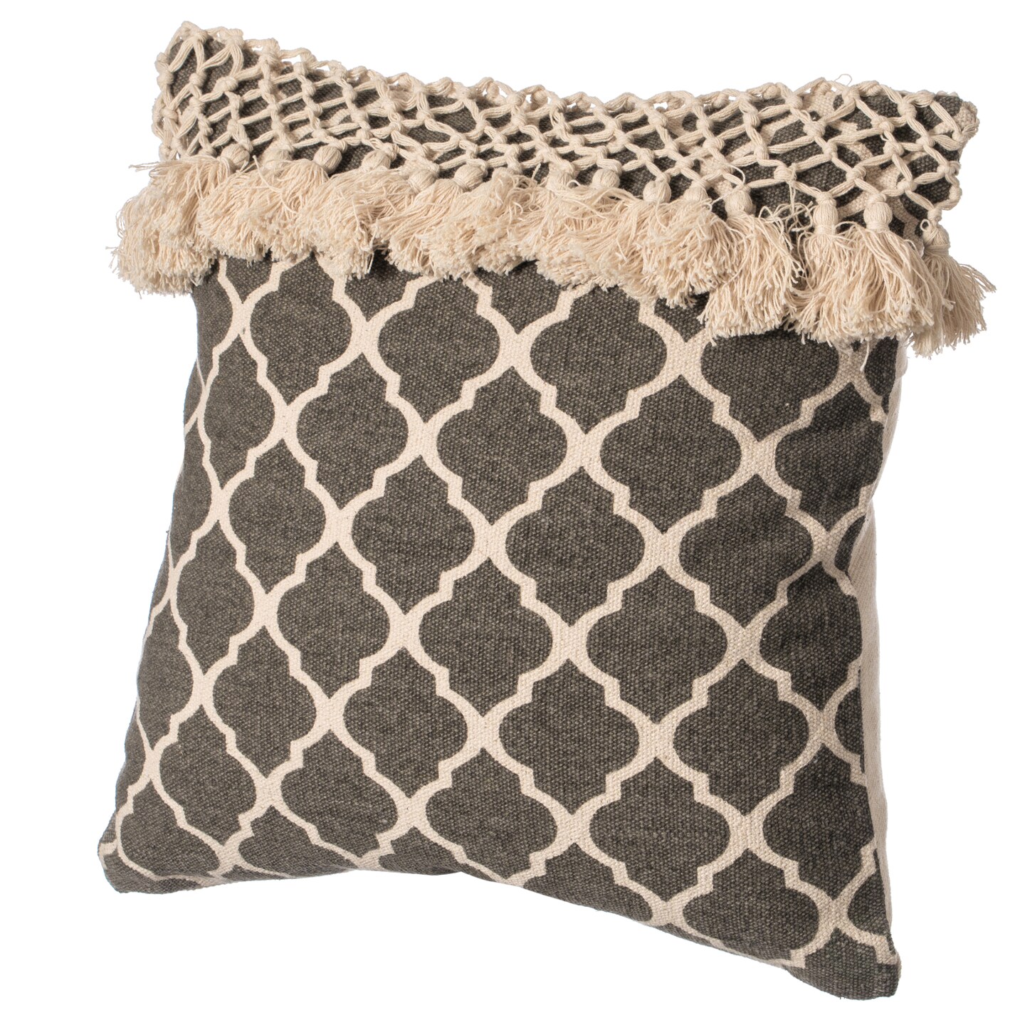 16&#x22; Handwoven Cotton Throw Pillow Cover with Ogee Pattern and Tasseled Top