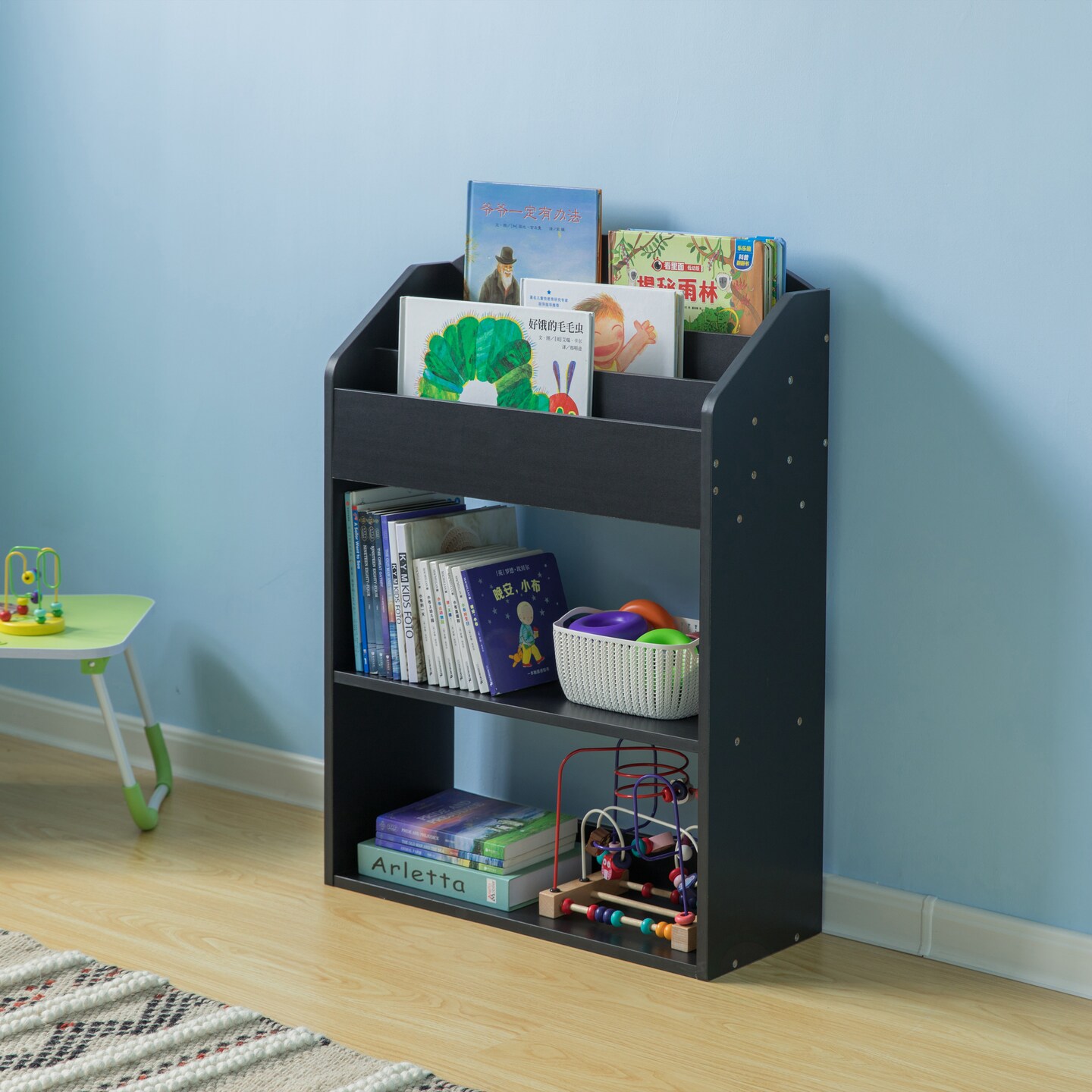 Modern Wooden Storage Bookcase with Shelf, Playroom Bedroom Living and Office