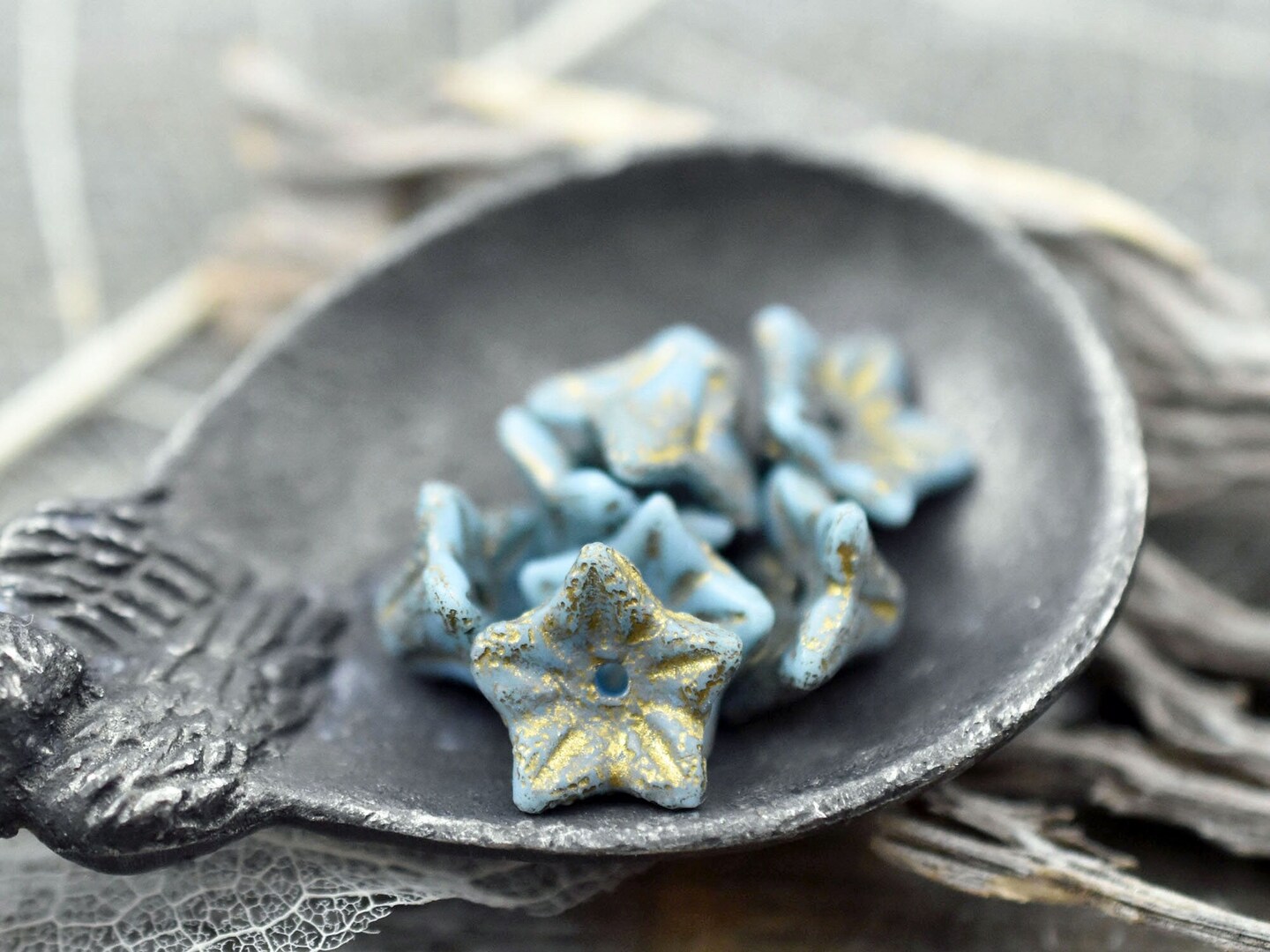 *25* 5x8mm Gold Washed Etched Blue Turquoise Bell Flower Beads