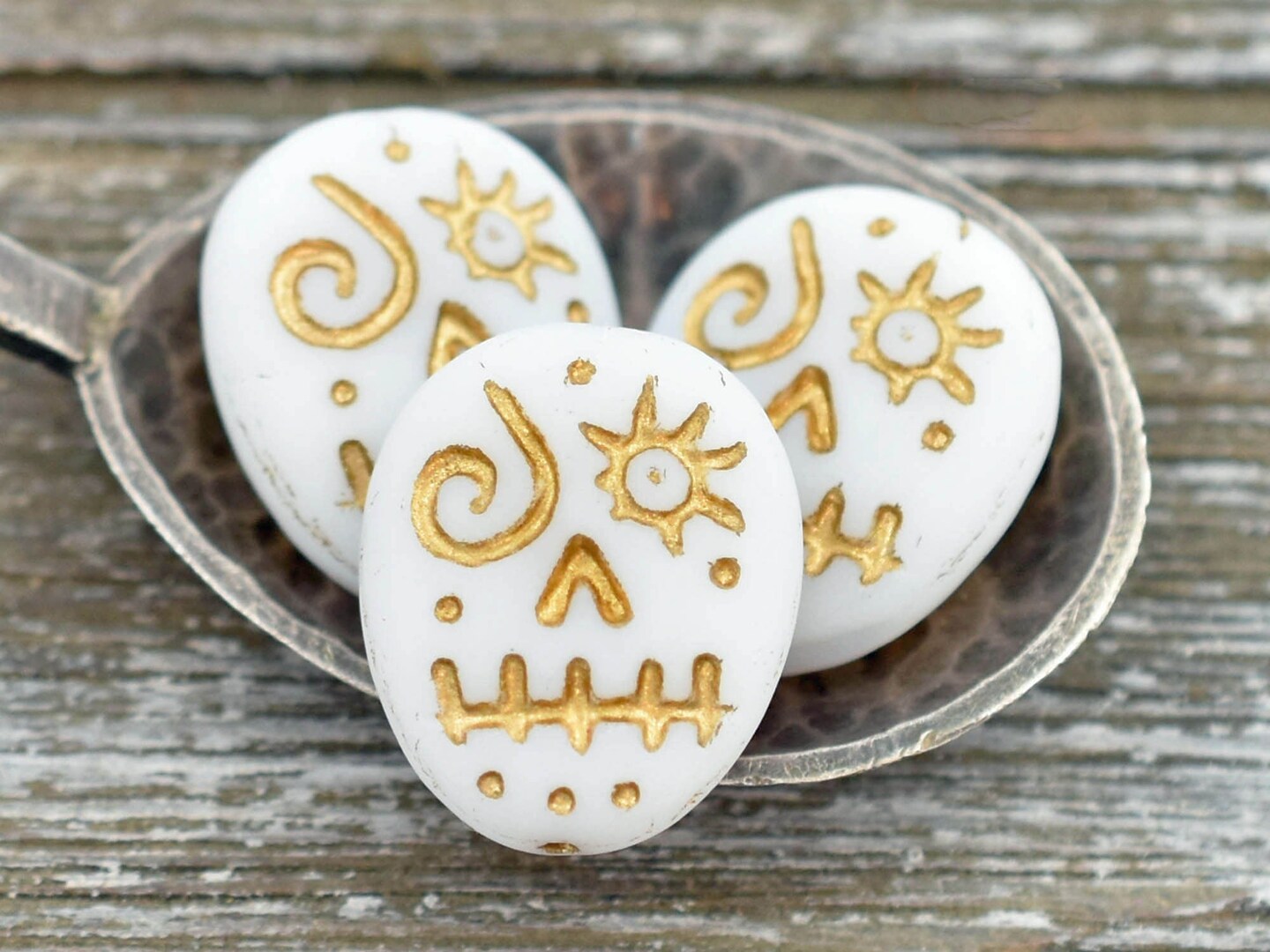 *4* 15x13mm Gold Washed Matte White  Voodoo Face Beads