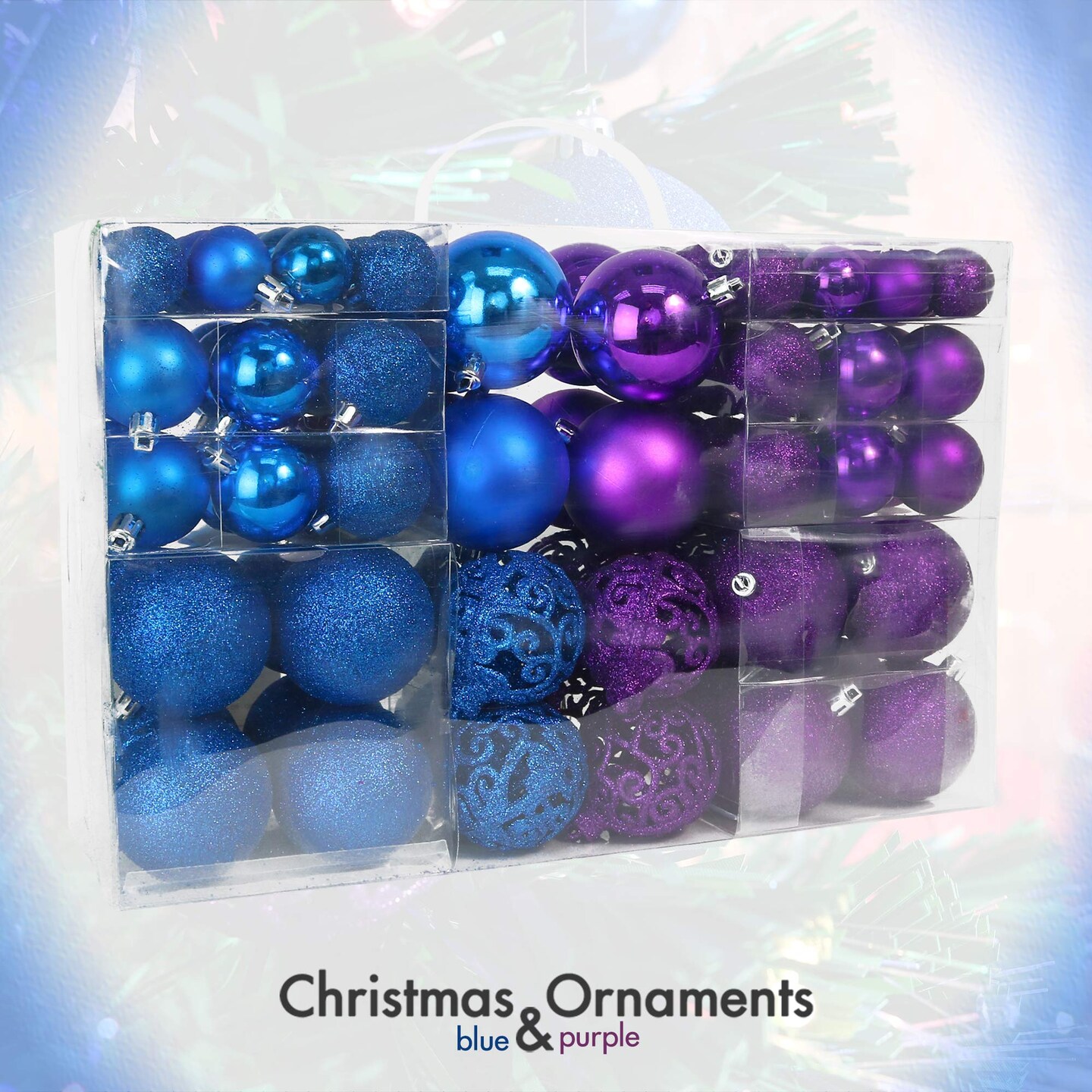 100 Shatterproof Christmas Ornament Balls - Christmas Ornaments For Christmas Tree Home Wedding Or Parties Decorative Ball (Sizes, 1.2&#x22; 1.6&#x22; &#x26; 2.4&#x22; ) (Blue &#x26; Purple)