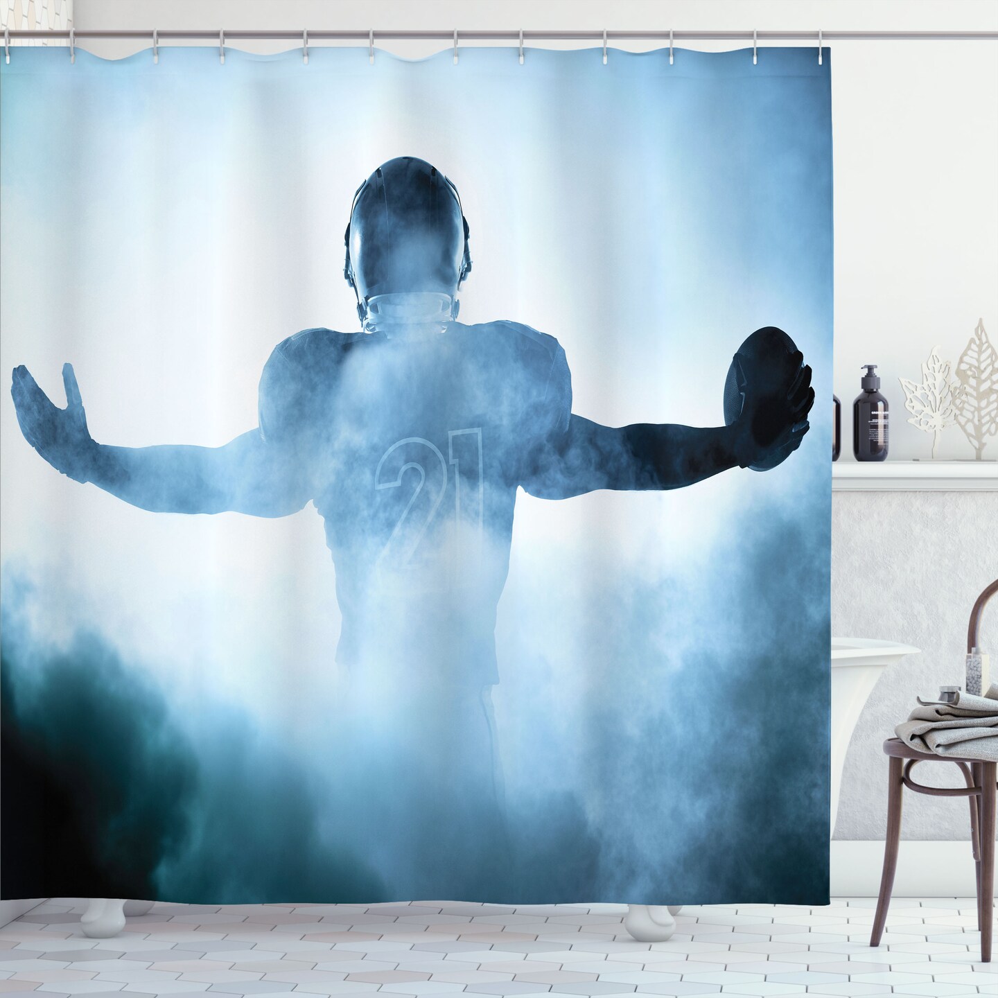 Ambesonne Sport Shower Curtain, Heroic Shaped Rugby Player Silhouette Shadow Standing in Fog Playground Global Sports Photo, Cloth Fabric Bathroom Decor Set with Hooks, 69&#x22; W x 70&#x22; L, Blue