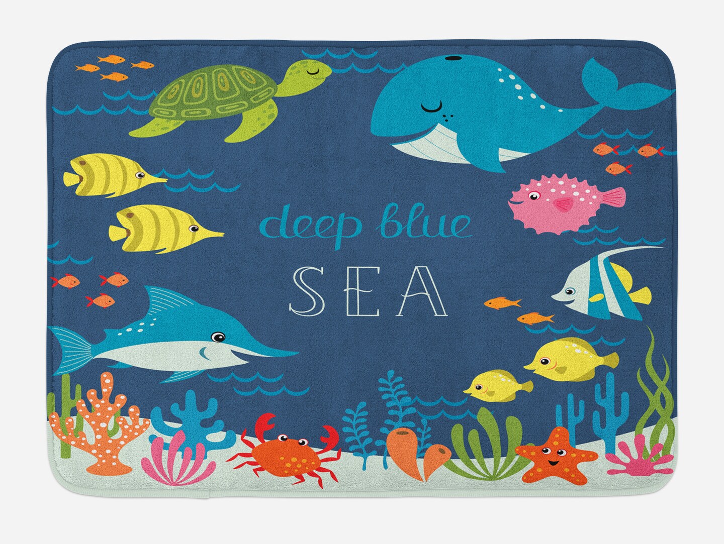 Ambesonne Cartoon Bath Mat, Underwater Graphic Algaes Coral Reefs Turtles Fishes The Life Aquatic, Plush Bathroom Decor Mat with Non Slip Backing, 29.5&#x22; X 17.5&#x22;, Navy Green
