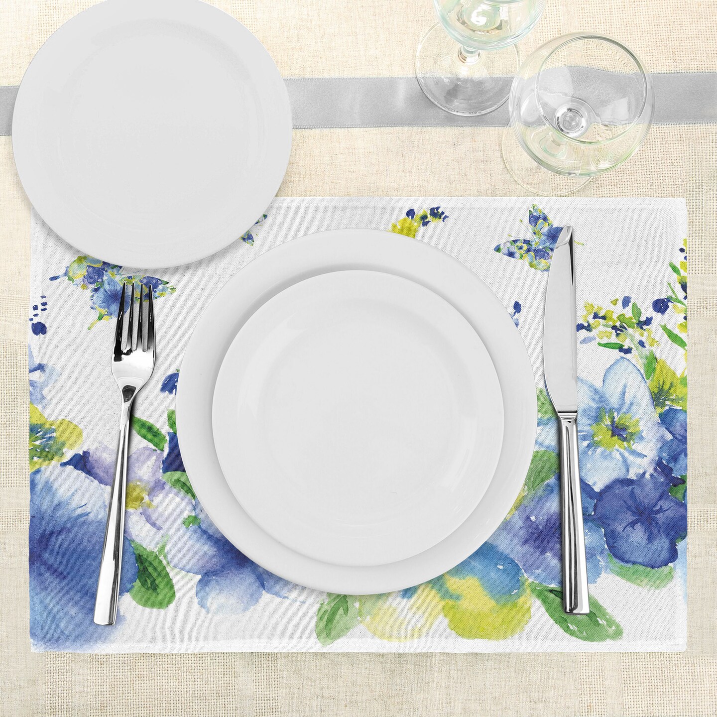 Ambesonne Yellow and Blue Place Mats Set of 4, Spring Flower Watercolor Flourishing Vibrant Blooms Design, Washable Fabric Placemats for Dining Table, Standard Size, Lime Green Royal Blue