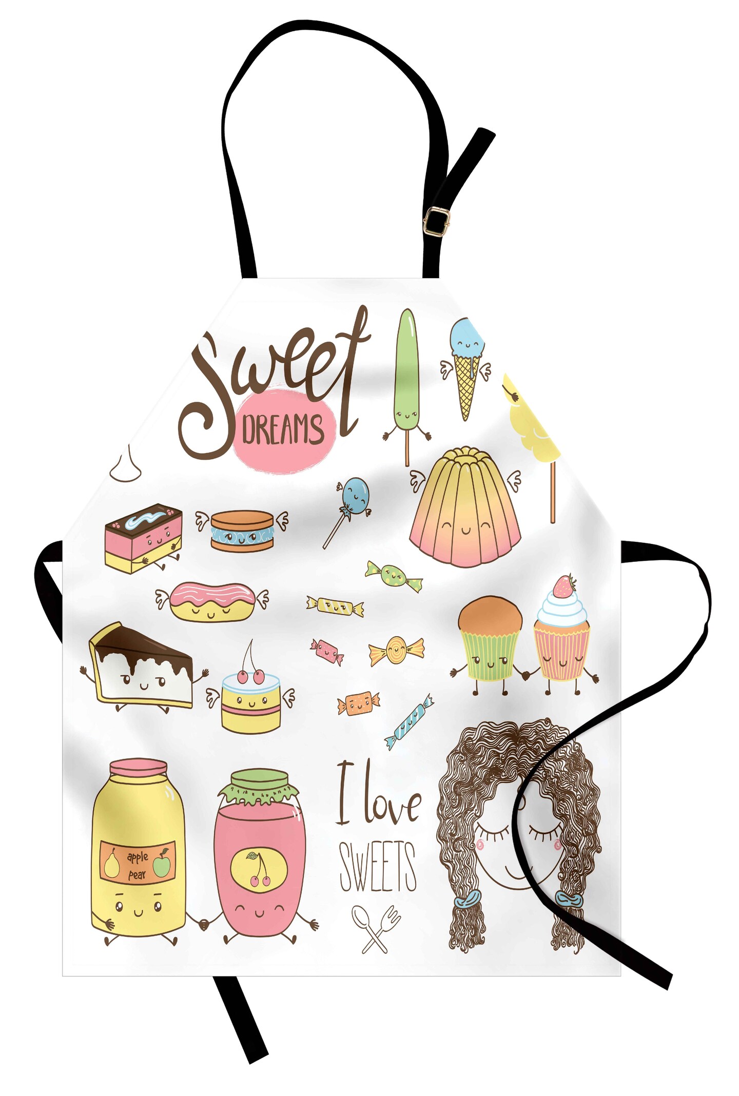 Ambesonne Saying Apron, Teen Girl Dreaming About Sweets Food Doodle Characters Kawaii Cartoon Faces, Unisex Kitchen Bib with Adjustable Neck for Cooking Gardening, Adult Size, Multicolor