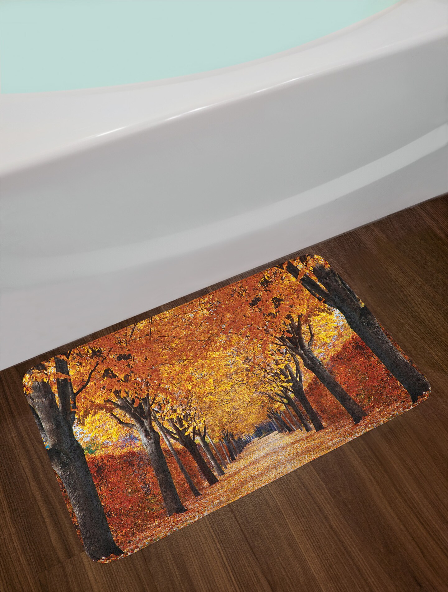 Ambesonne Autumn Bath Mat, Pathway in The Woods Covered with Dried Deciduous Tree Leaves Romantic Fall Season, Plush Bathroom Decor Mat with Non Slip Backing, 29.5&#x22; X 17.5&#x22;, Orange Brown