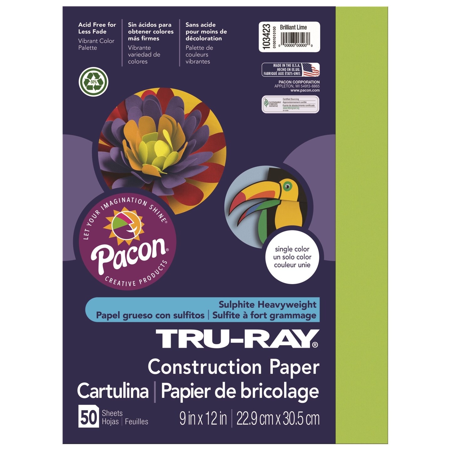Pacon 103423 Tru-Ray Construction Paper, 76 Lbs, 9 X 12, Brilliant Lime, 50 Sheets/Pack