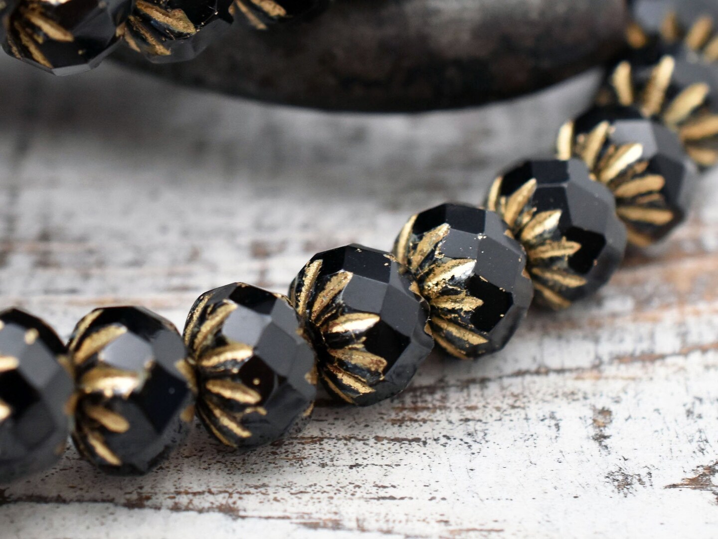 *25* 6x9mm Gold Washed Matte Jet Black Cruller Rondelle Beads