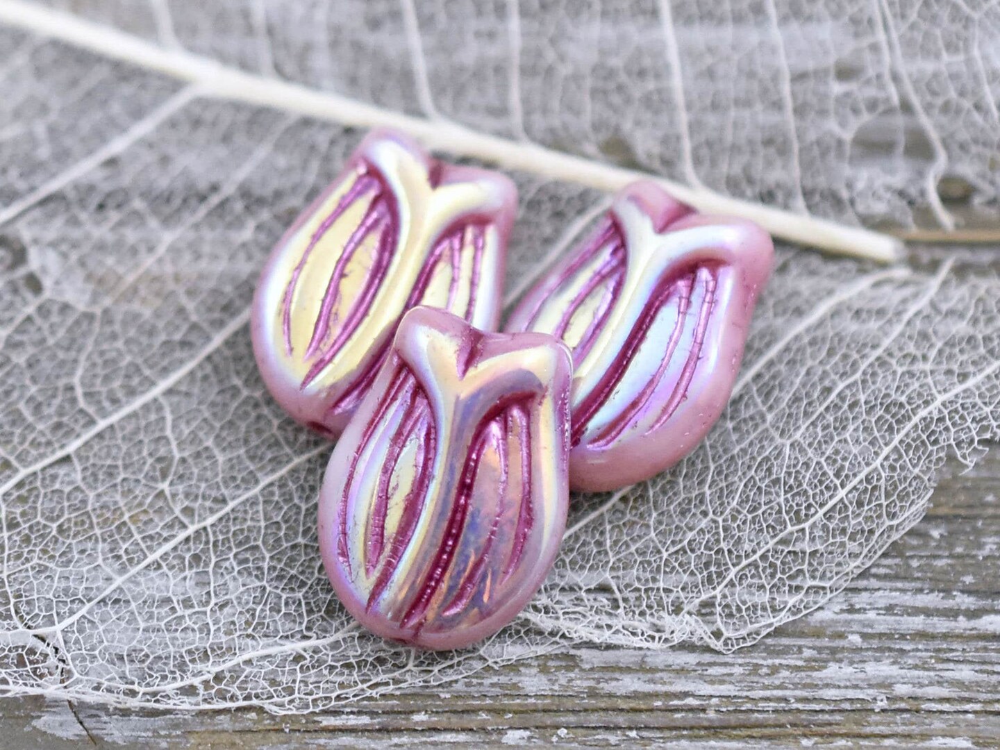 *6* 16x11mm Pink Washed Pink AB Tulip Beads