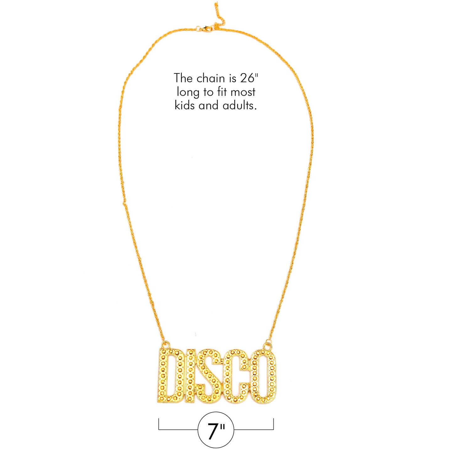 Gold Chain Disco Necklace - 1970s Faux Bling Jewelry Costume Accessories for Adults and Children