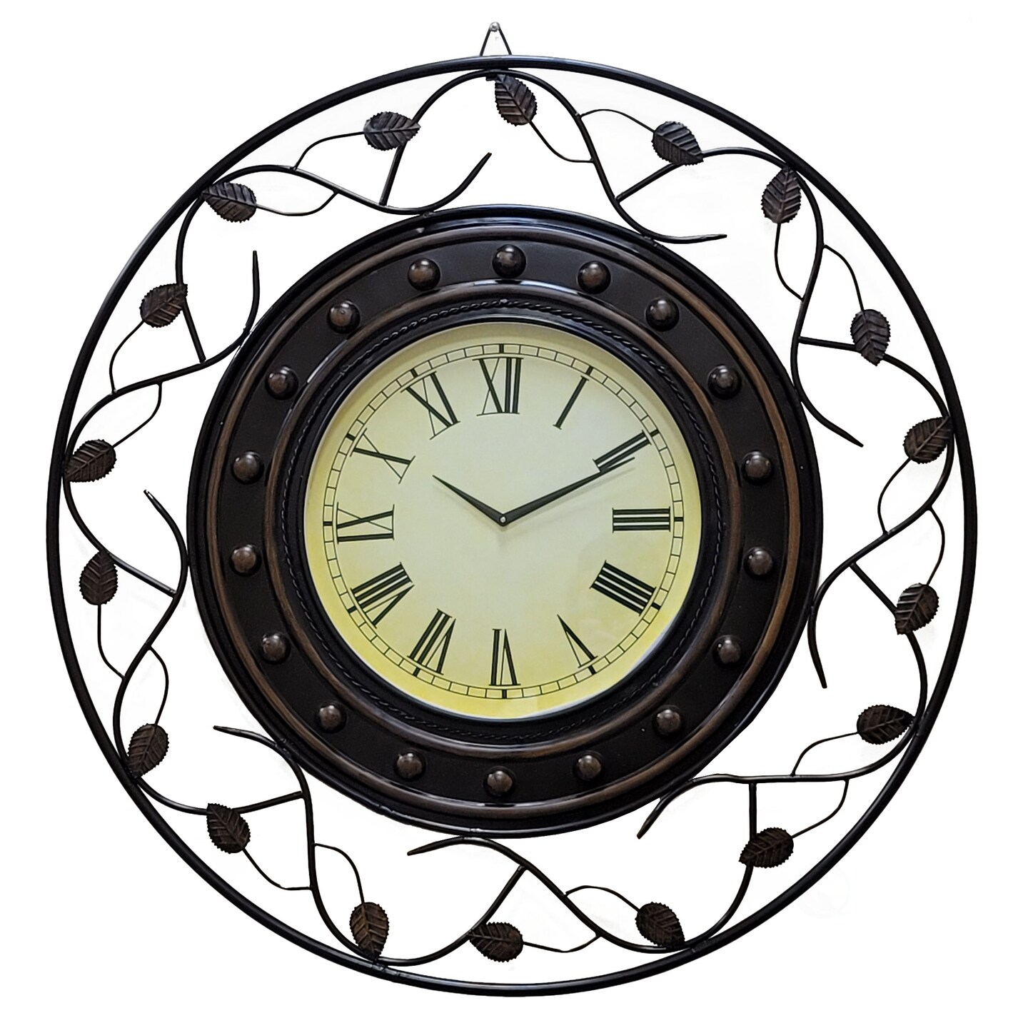 Vintage Roman Numerical 36 in Wall Clock with Elegant Black Metal Leaf Design Frame - for Dining, Living Room, or Kitchen - Antique Style, Large Numbers, Unique Wall Art, Traditional Clock