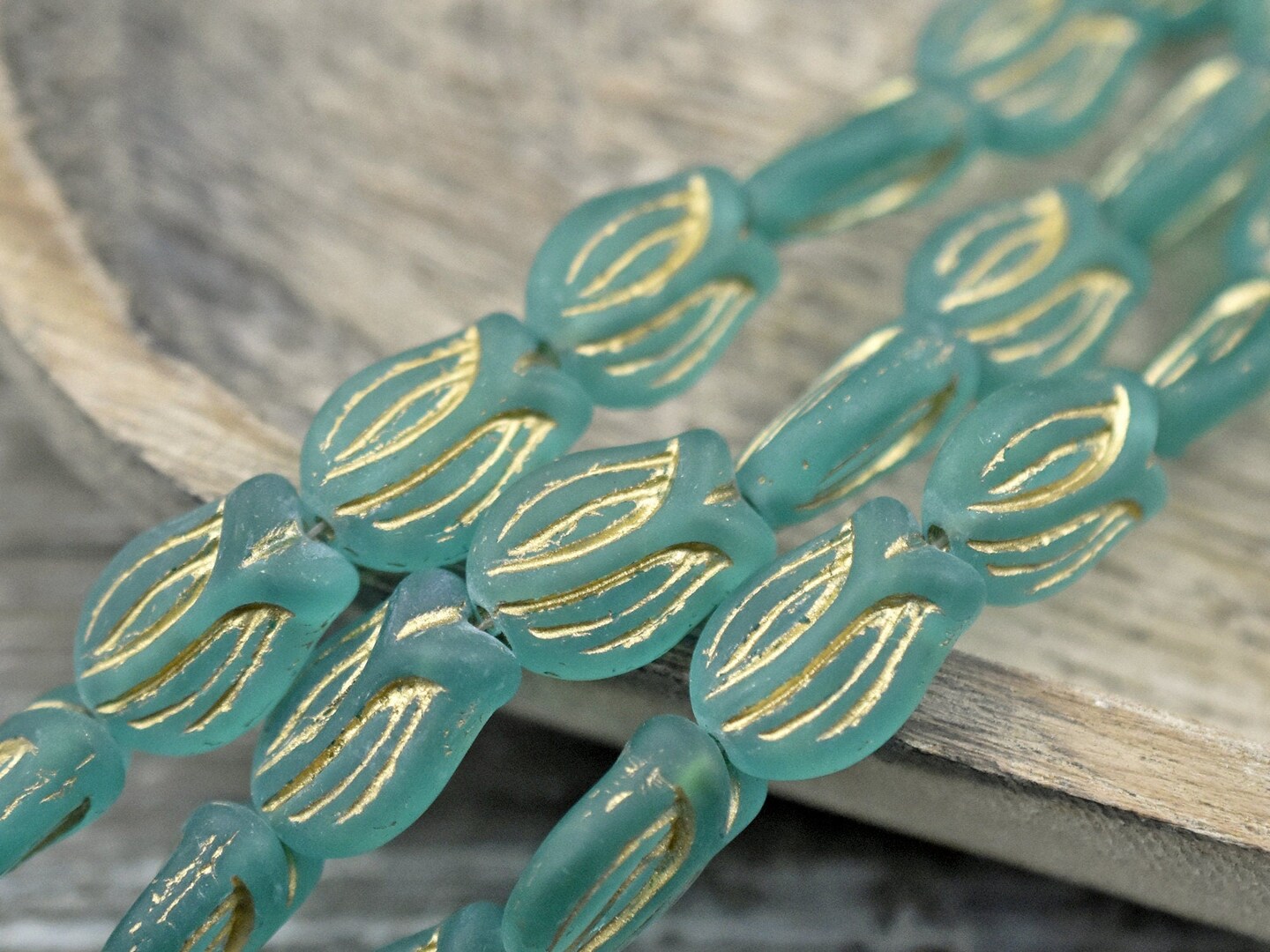 *6* 16x11mm Bronze Washed Matte Green Aqua Tulip Beads