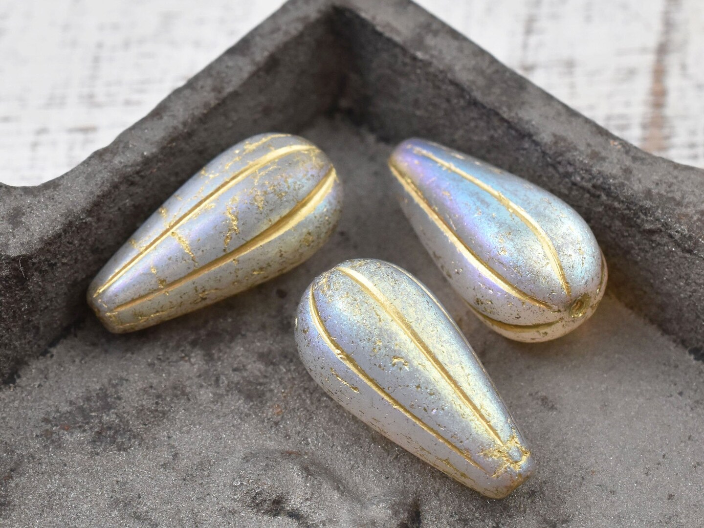 *6* 22x11mm Gold Washed Milky Crystal AB Melon Drop Beads