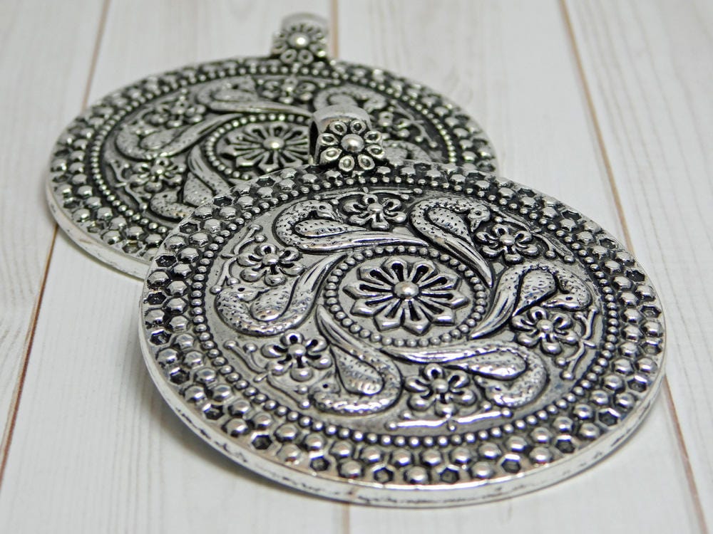 Antique Silver Boho Medallion Pendant 71x59mm