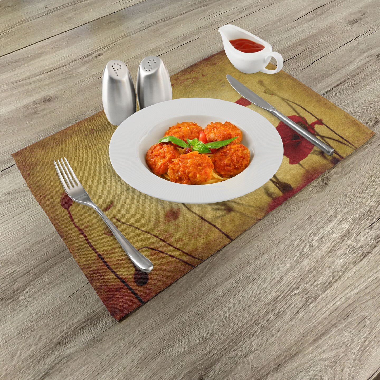 Ambesonne Poppy Flower Place Mats Set of 4, Flower and Buds on Ambient Grunge Background Retro Effects Bohemian, Washable Fabric Placemats for Dining Table, Standard Size, Pale Brown Vermilion