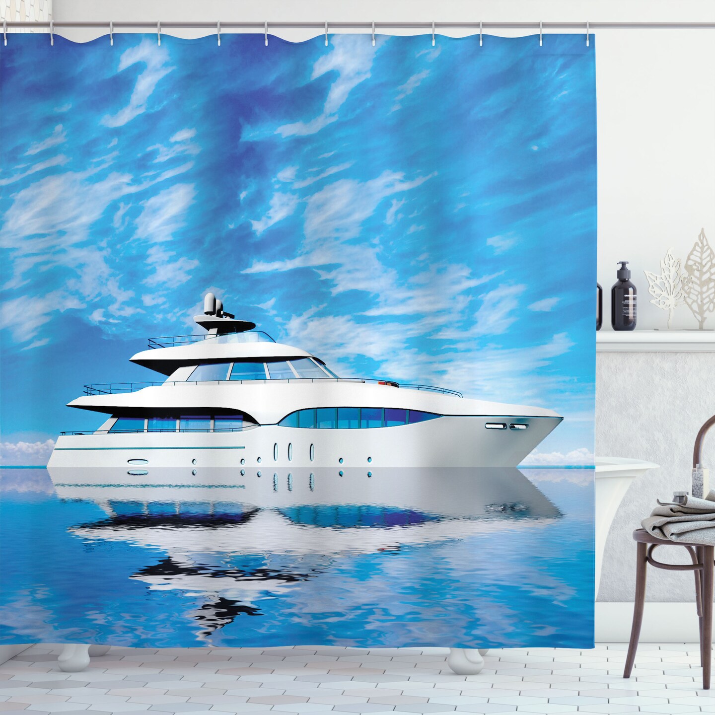 Ambesonne Seascape Shower Curtain, Marine Themed Photo of Yacht on Cloudy Pastel Sky and Blue Calm Water Print, Cloth Fabric Bathroom Decor Set with Hooks, 69&#x22; W x 70&#x22; L, Blue Pale Grey