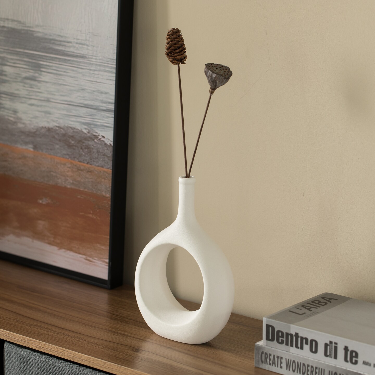 Contemporary White Ceramic Unique Shaped Flower Table Vase Centerpiece