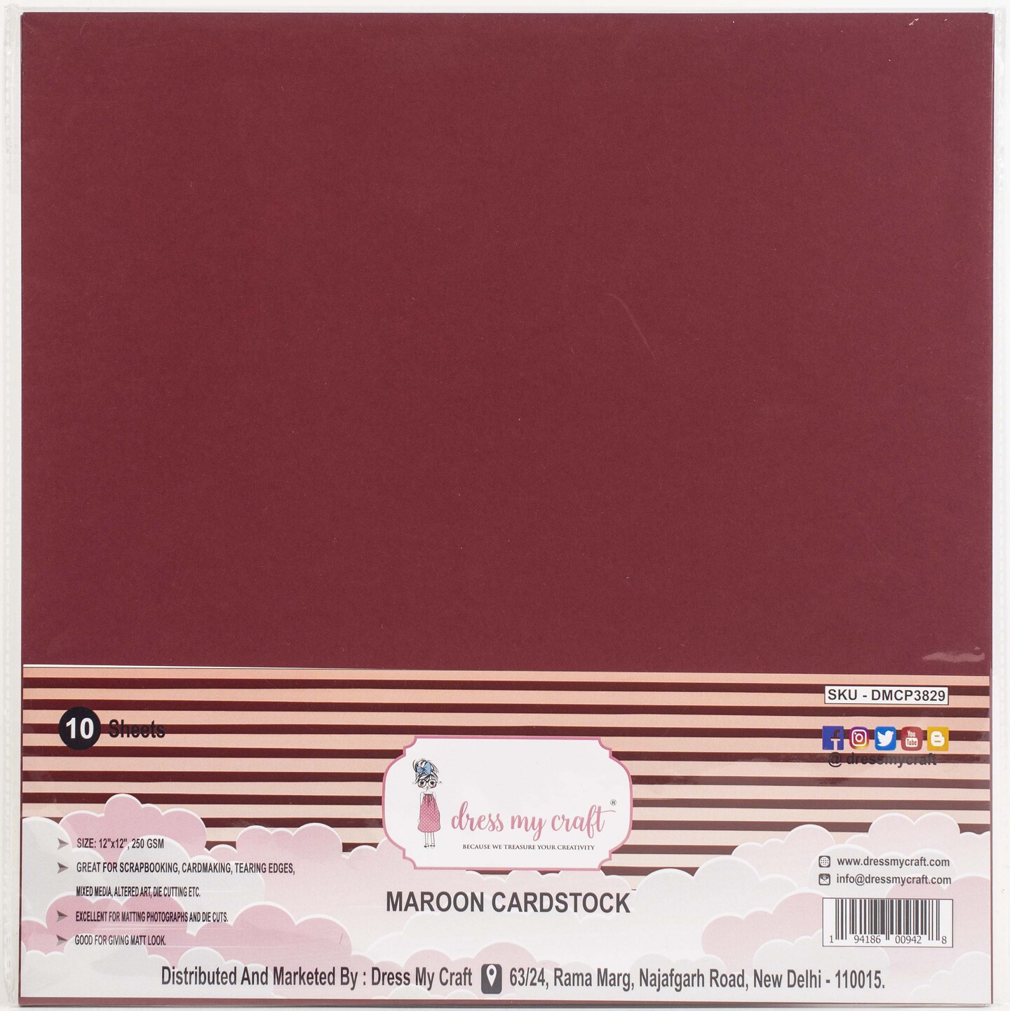 Dress My Craft Smooth Cardstock 250Gsm 12&#x22;X12&#x22; 10/Pkg-Maroon