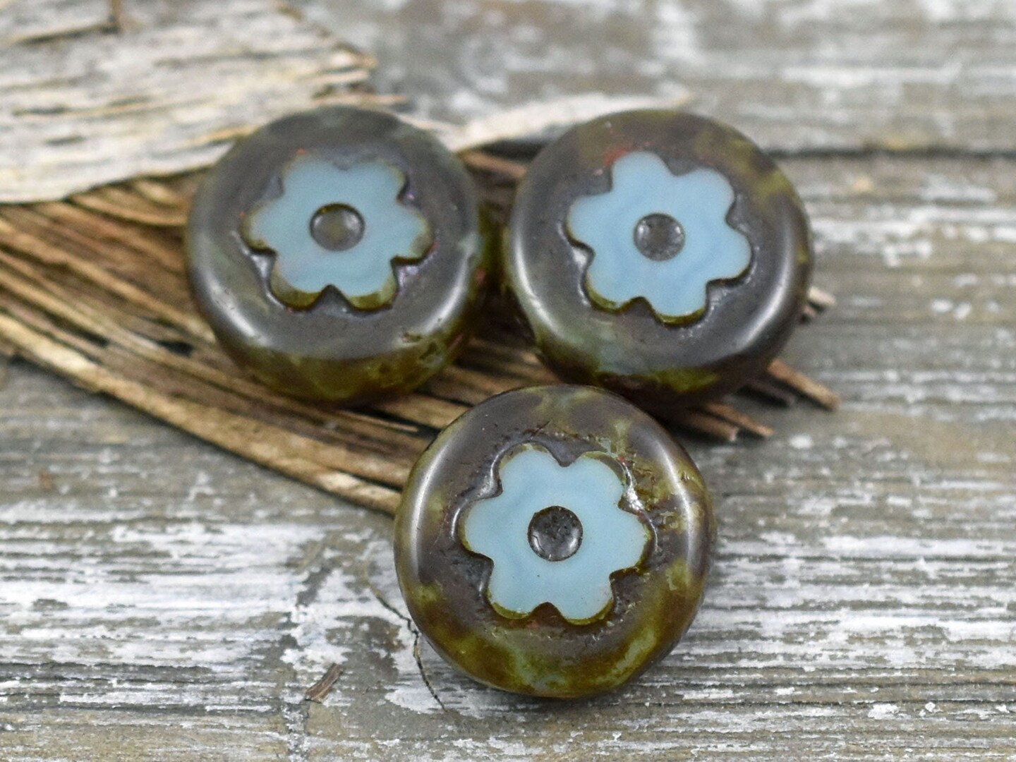 *4* 14mm Milky Aqua Picasso Flower Coin Beads