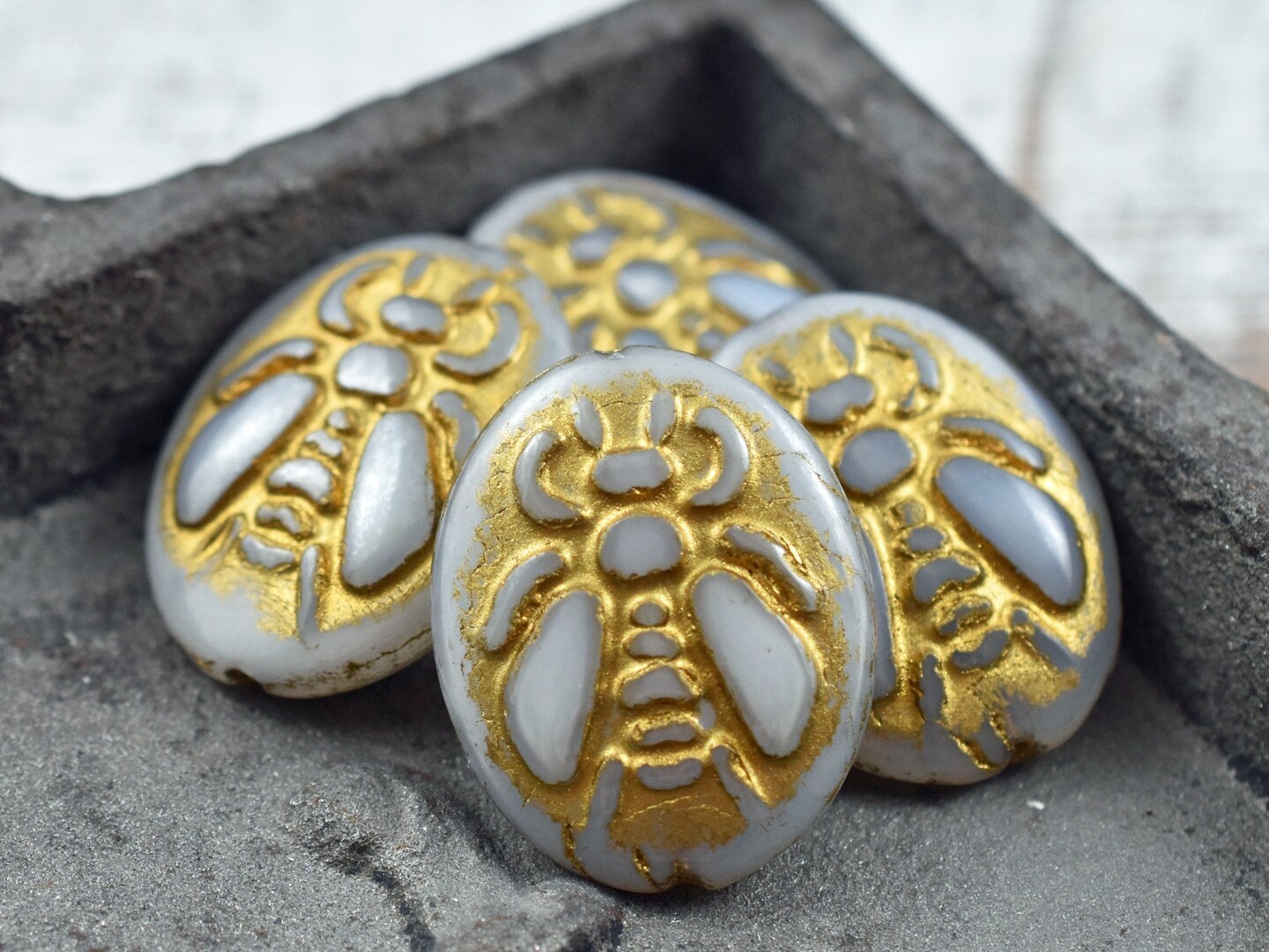 *2* 22x18mm Gold Washed Grey Silk Bumblebee Oval Beads