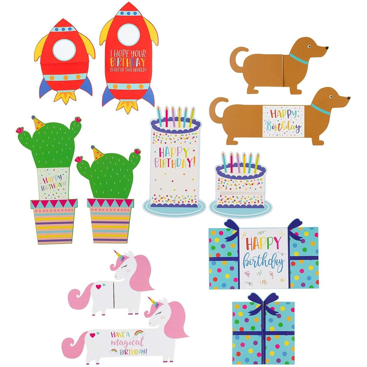 24 Pack Die Cut Tri-Fold Happy Birthday Cards for Kids with Envelopes, Includes Dogs, Rocket, Unicorn, Cactus, Bday Gift (6 Designs)