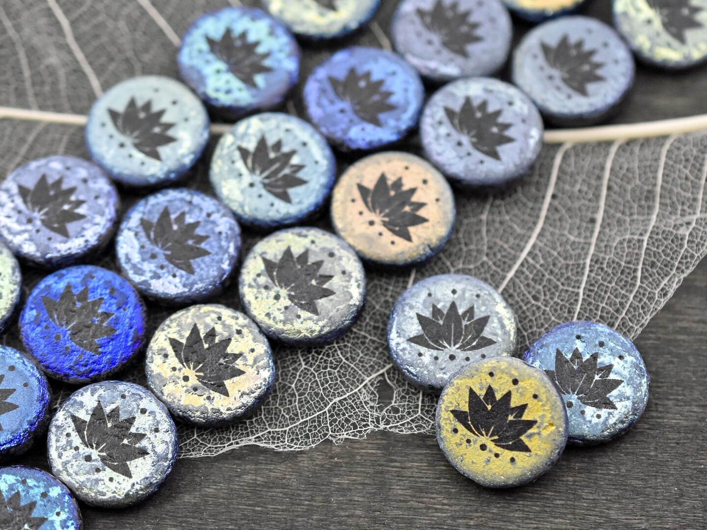 *4* 14mm Jet AB Acid Etched Lotus Flower Coin Beads