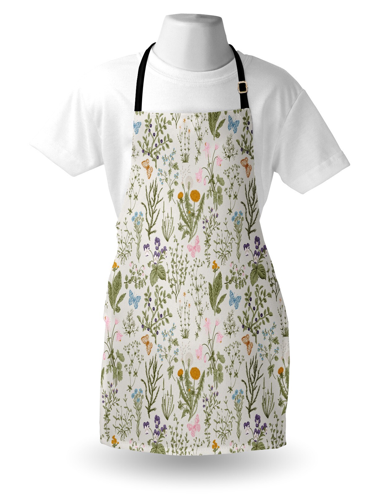 Ambesonne Floral Apron, Vintage Garden Plants Herbs Flowers Botanical Classic Design Art, Unisex Kitchen Bib with Adjustable Neck for Cooking Gardening, Adult Size, Reseda Green Beige
