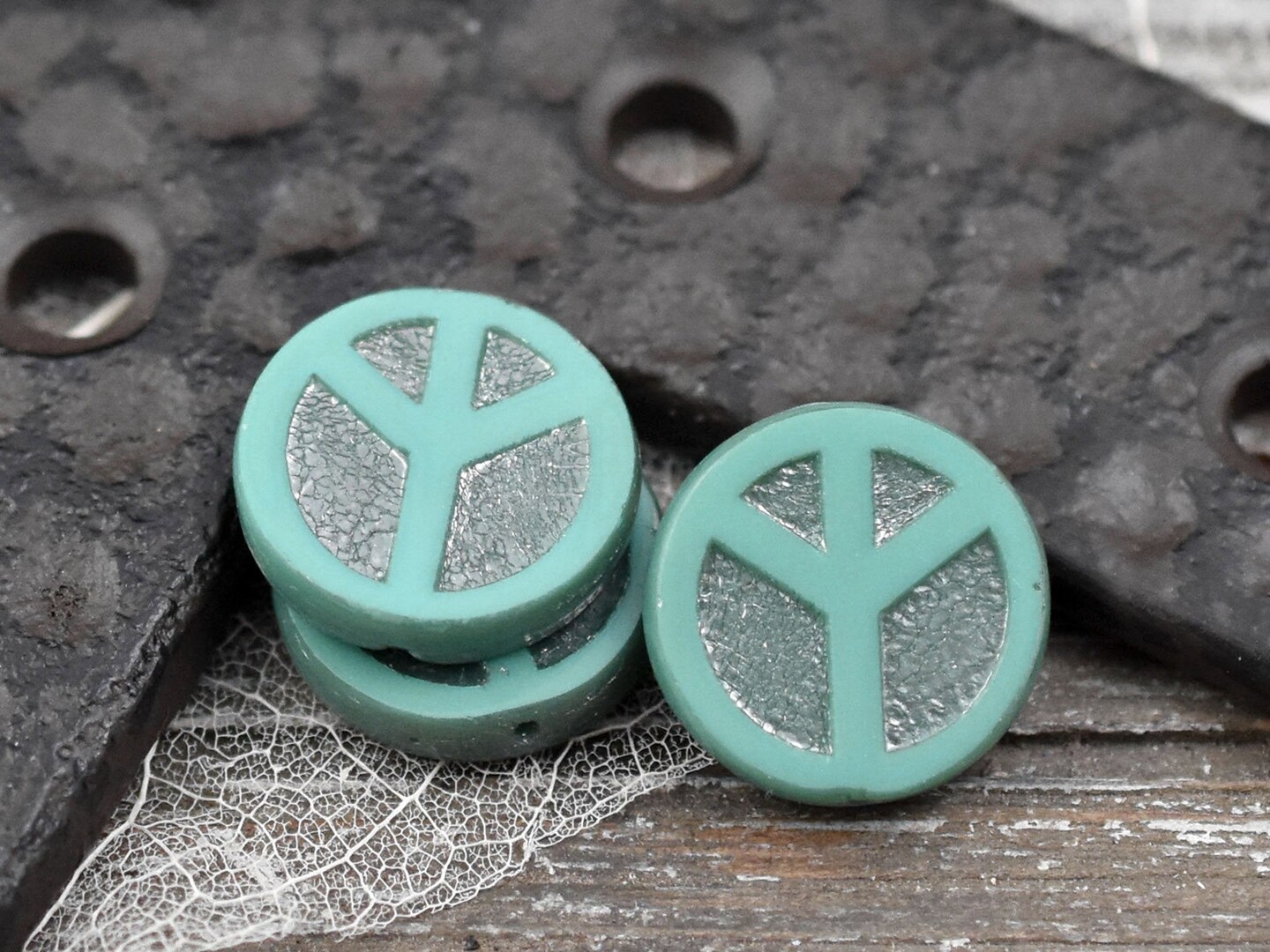 *2* 16mm Silver Hematite Washed Opaque TurquoiseTable Cut Peace Sign Coin Beads