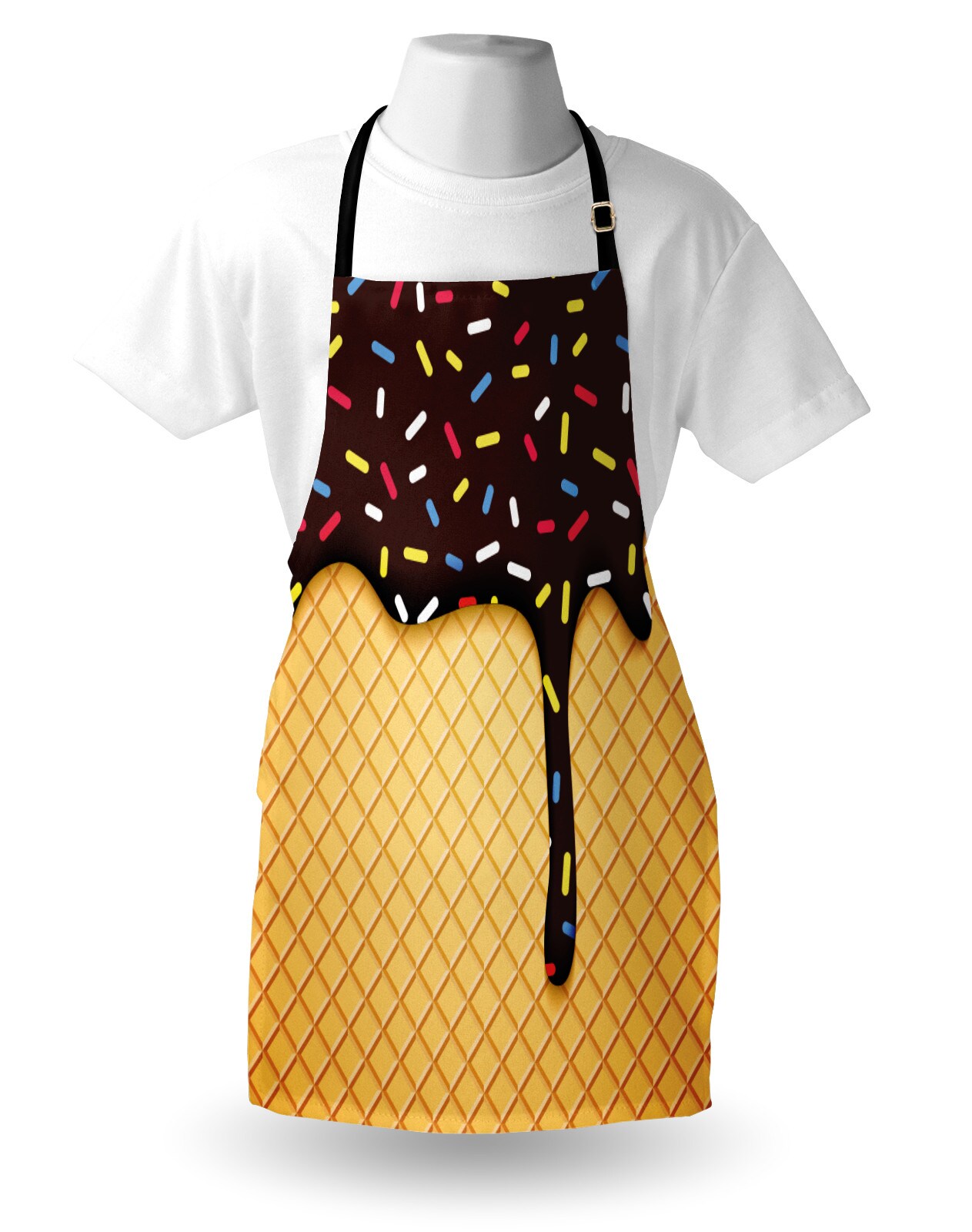 Ambesonne Ice Cream Apron, Waffle Chocolate Flavor Dessert Delicious Yummy Backdrop Graphic, Unisex Kitchen Bib with Adjustable Neck for Cooking Gardening, Adult Size, Dark Brown Mustard