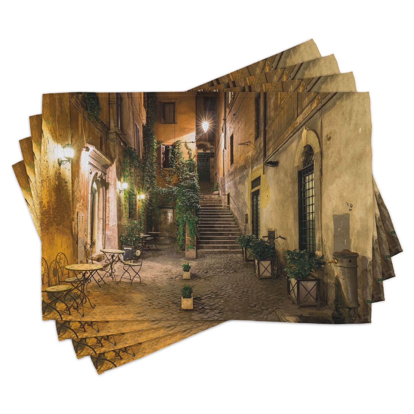 Ambesonne Italian Place Mats Set of 4, Old Courtyard Rome Italy Cafe Chairs City Historic Houses in Street, Washable Fabric Placemats for Dining Table, Standard Size, Pale Yellow Green Orange